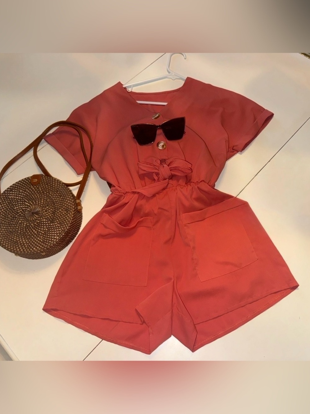 Women’s Short Sleeve V-Neck Tie-Waist Romper in Coral XS
